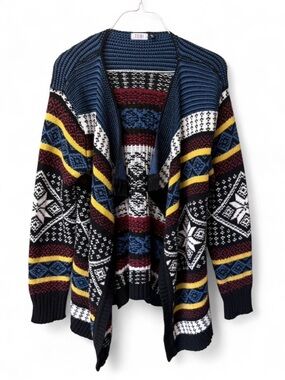 Tobi Fair Isle Open Front Waterfall Cardigan Sweater Boho Nordic Knit M/L‎ Cabin